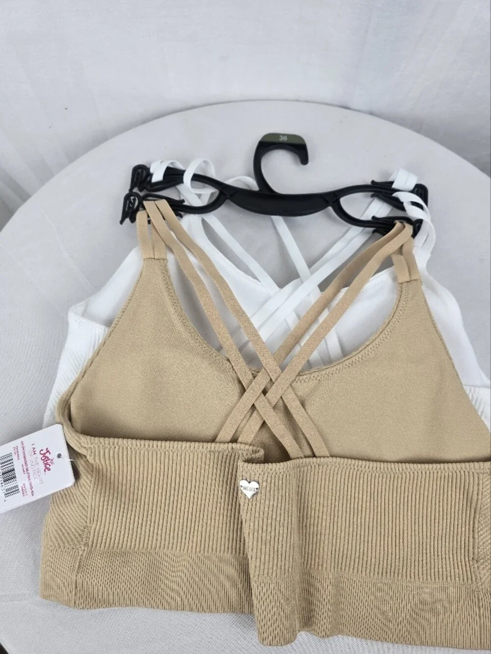 NWT Justice Girl's 2 Oh So Soft Floral-Trim Ribbed White & Tan Bralettes Sz 36